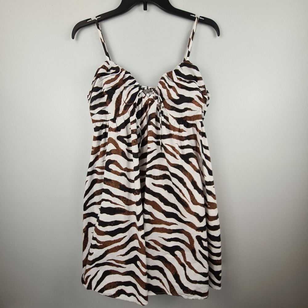 J.Crew Zebra Animal Print Cotton Mini Dress Brown White Pockets Size 8 Key Hole